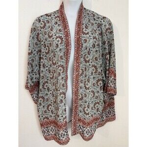 Knox Rose Kimono Top Green Mauve Floral Open Bohemian XXL Fall Lightweight EUC